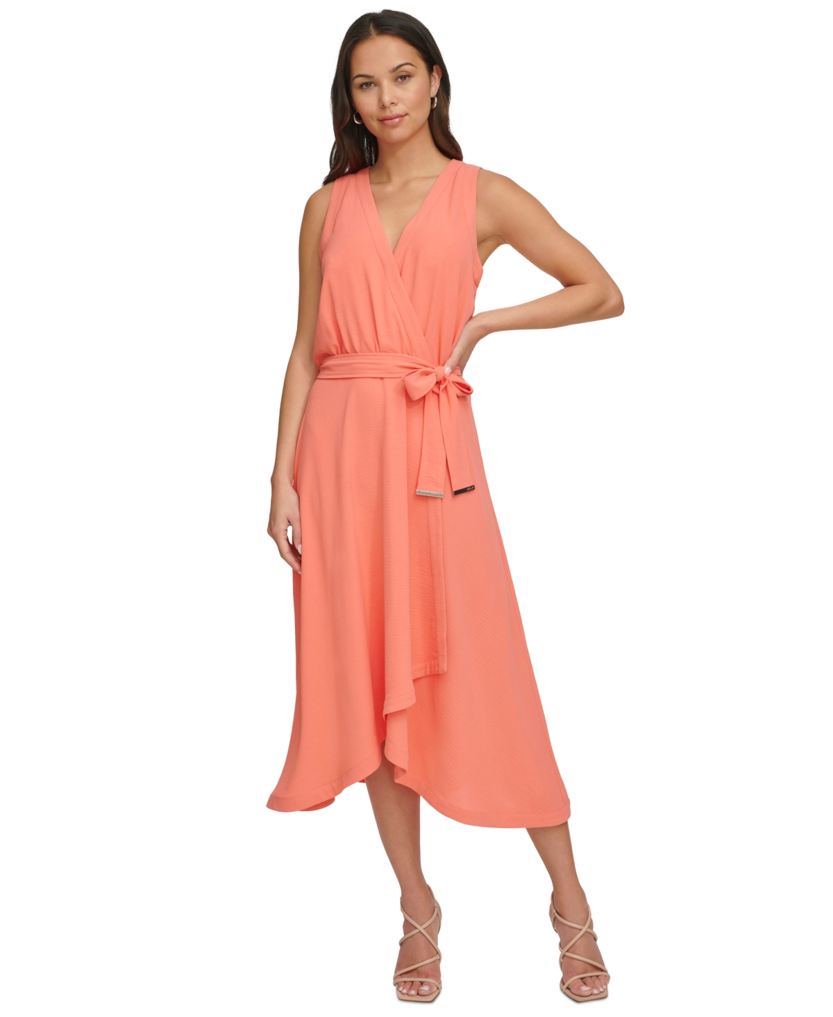 Women's Faux-Wrap Sleeveless Tie-Waist Midi Dress - Orange