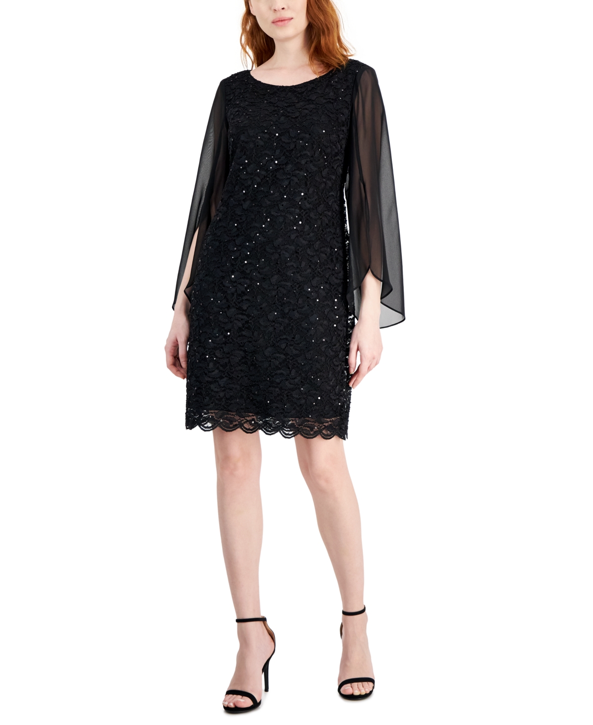 Shop Connected Petite Round-neck Long-cape-sleeve Lace Dress In Black
