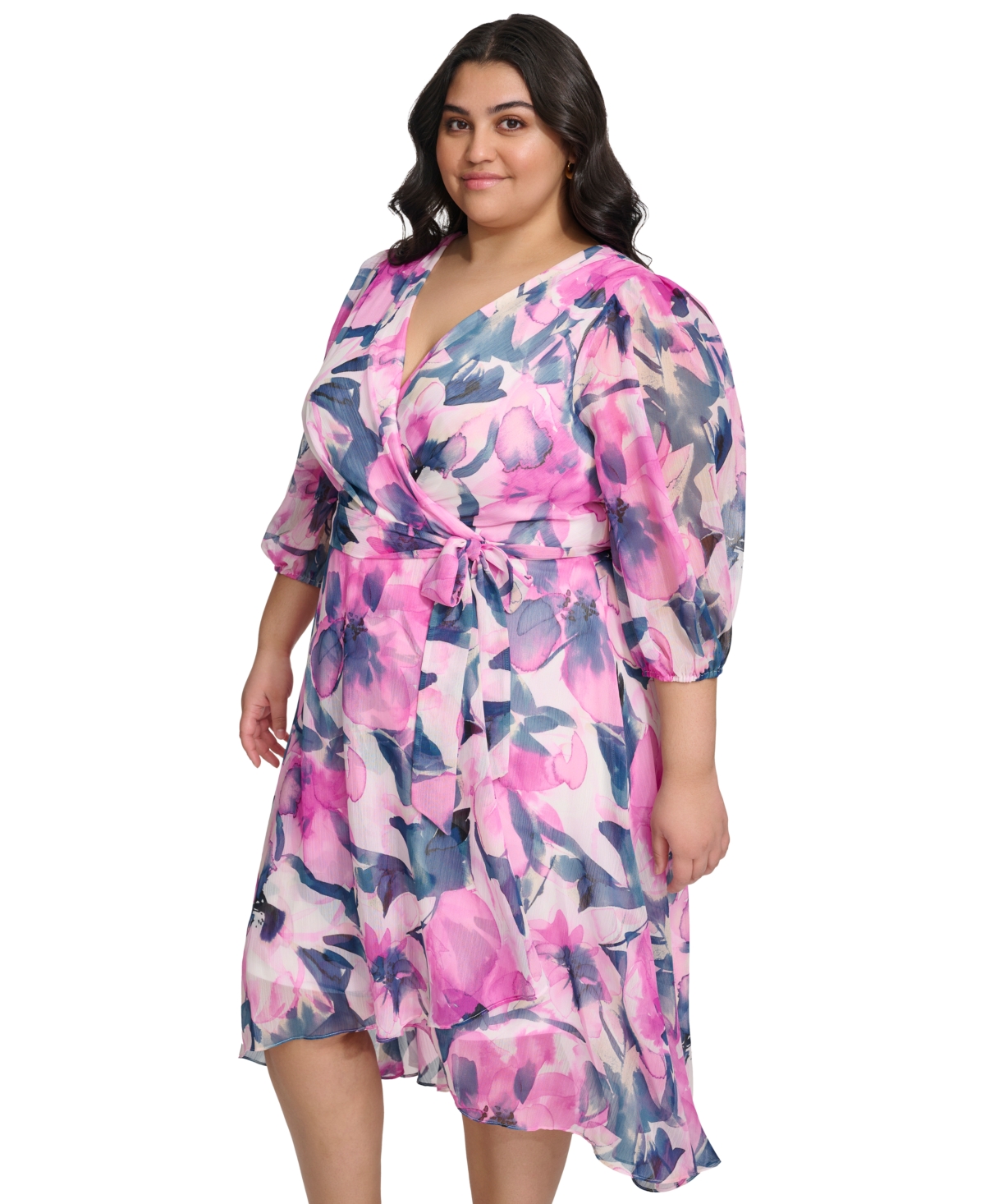 Shop Dkny Plus Size Printed Blouson-sleeve Faux-wrap Dress In Power Pink Multi
