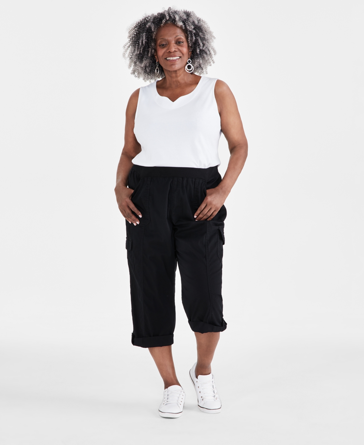 Style & Co Plus Size Mid Rise Pull-on Cargo Capri Pants, Created For Macy's In Deep Black