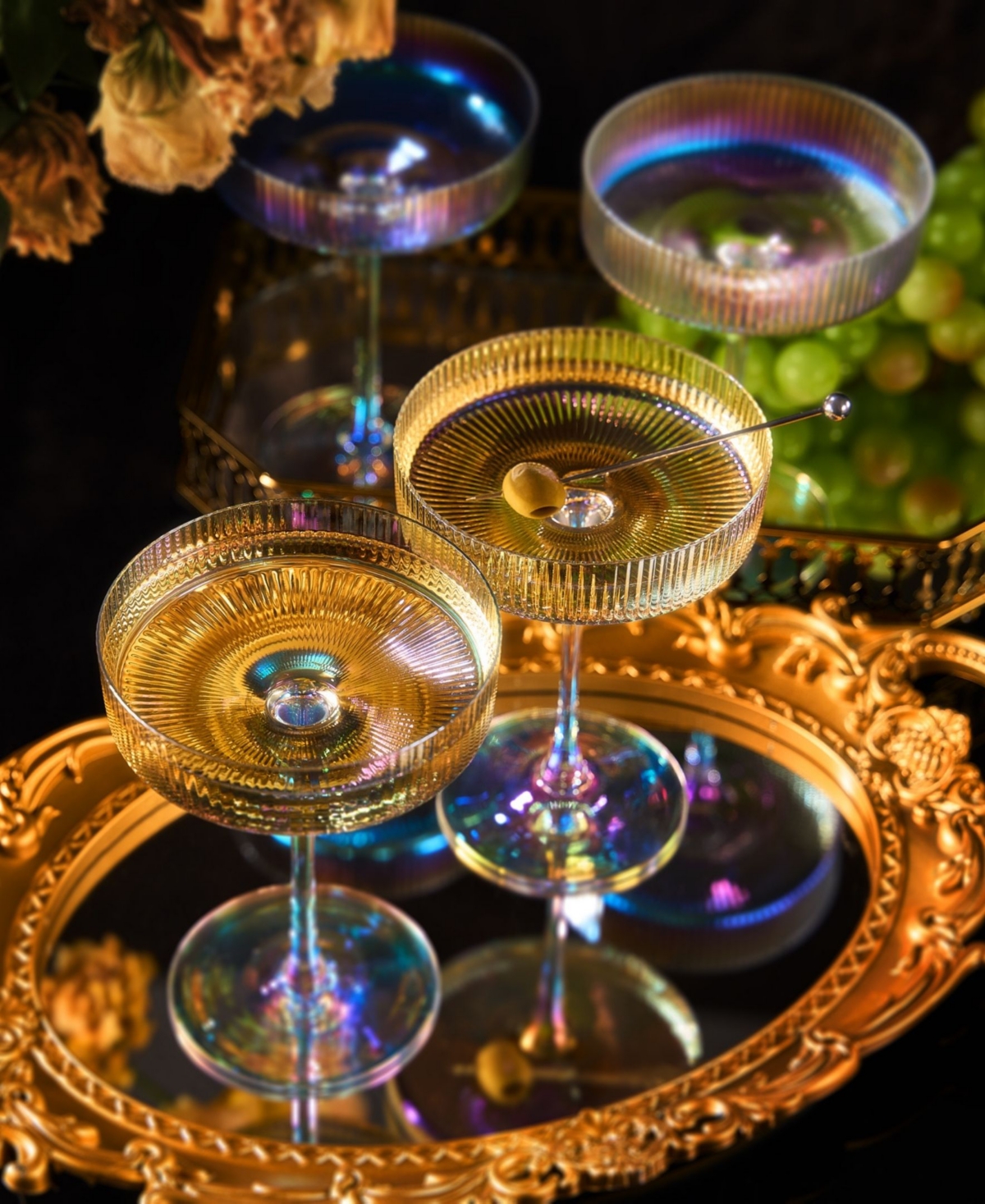 The Wine Savant Ripple Ribbed Martini & Champagne Coupe Iridescent Colored Glasses, Set Of 4 In Multicolored