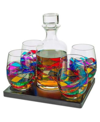 The Wine Savant Renaissance Stained Glass Wine Decanter Glasses, Set of 5 - Multicolored