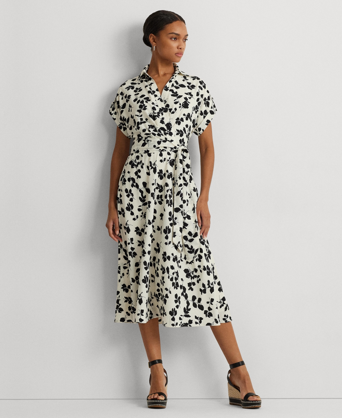 Shop Lauren Ralph Lauren Women's Leaf-print Belted Crepe Dress In Cream,black