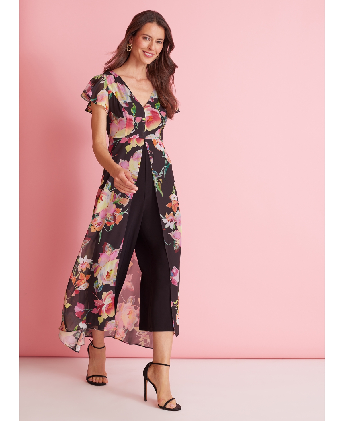 Shop Adrianna Papell Women's Floral Flutter-sleeve Jumpsuit In Black Multi