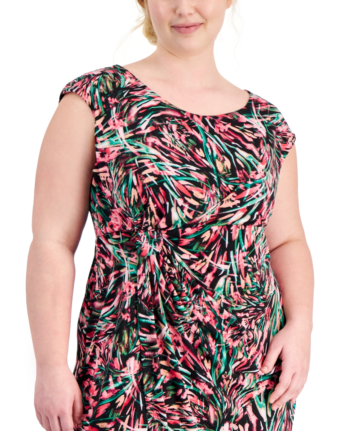 Shop Connected Plus Size Printed Short-sleeve Sheath Dress In Fuschia