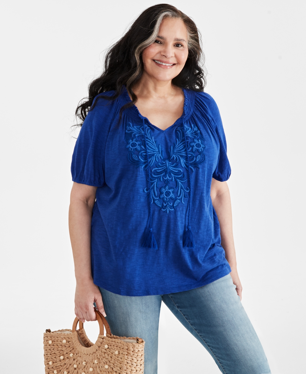 Shop Style & Co Plus Size Embroidered Split-neck Puff-sleeve Top, Created For Macy's In Escape Blue