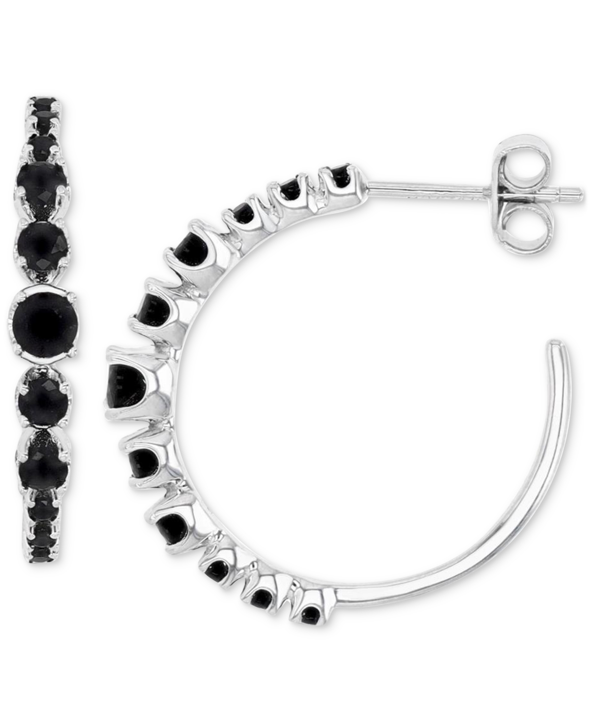 Shop Macy's Black Spinel Graduated Small Hoop Earrings (1-3/8 Ct. T.w.) In Sterling Silver, 0.79"