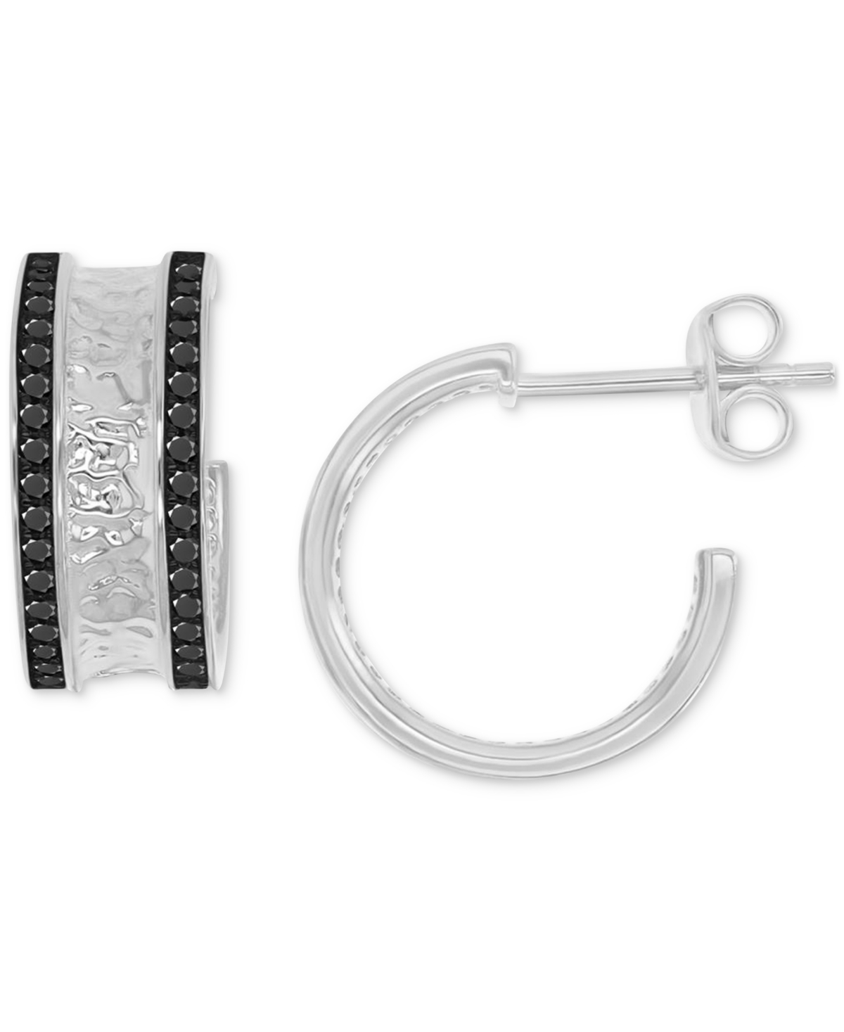 Shop Macy's Black Spinel Hammered Texture Small Hoop Earrings (3/4 Ct. T.w.) In Sterling Silver, 0.55"
