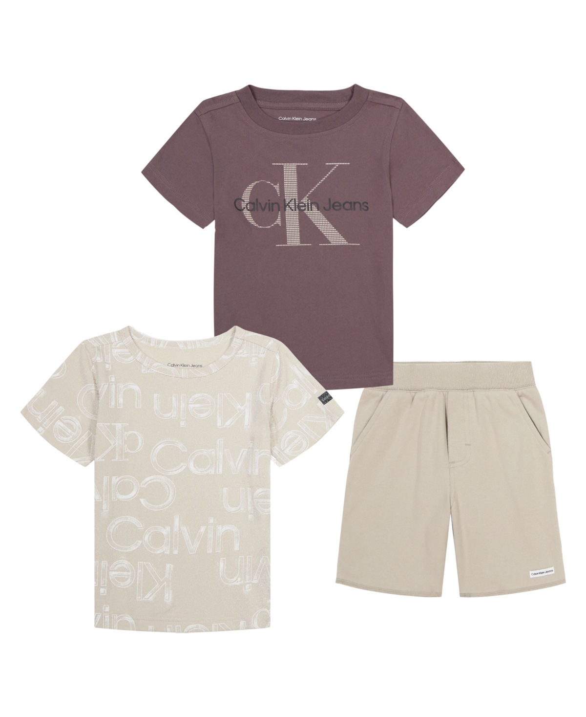 Calvin Klein Kids' Little Boys 3-pc Set- 2 Logo T-shirts And French Terry Shorts In Brown,khaki