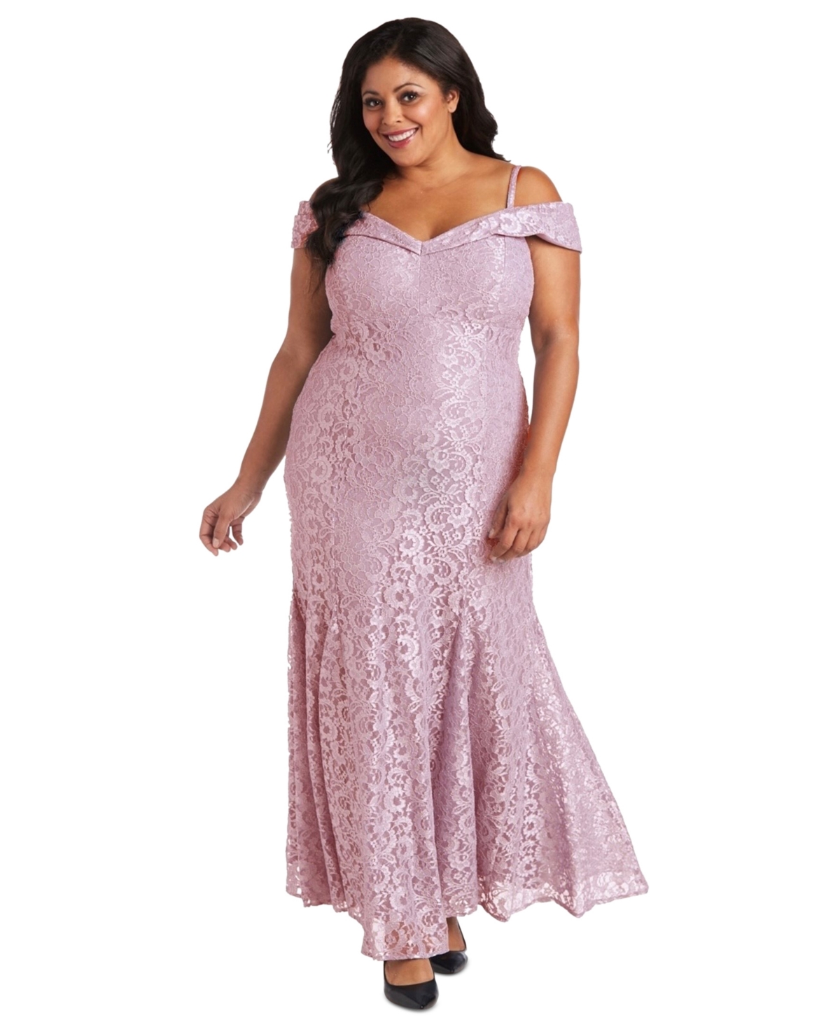 Shop R & M Richards Plus Size Off-the-shoulder Lace Gown In Rose