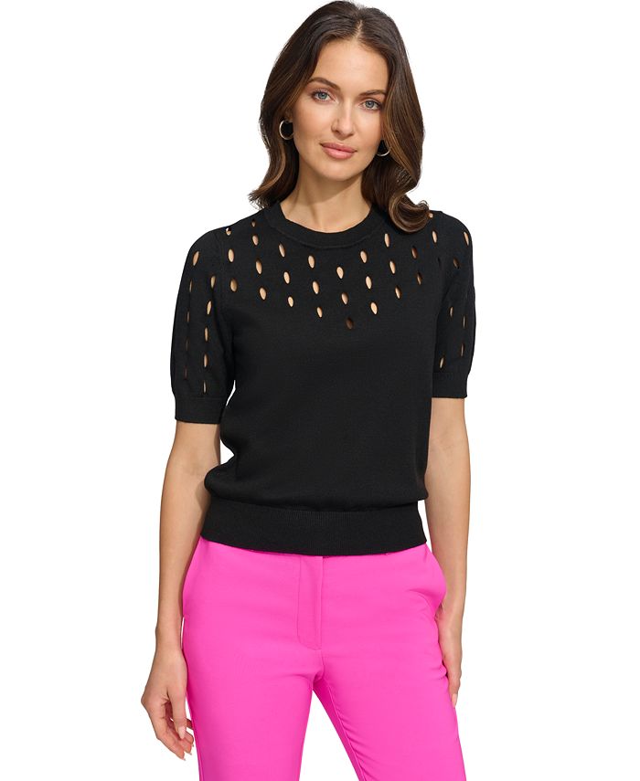 DKNY Women's Cut Out Neck Top With Chiffon Hem - Lazer Bubble Crepe, Small - View #6