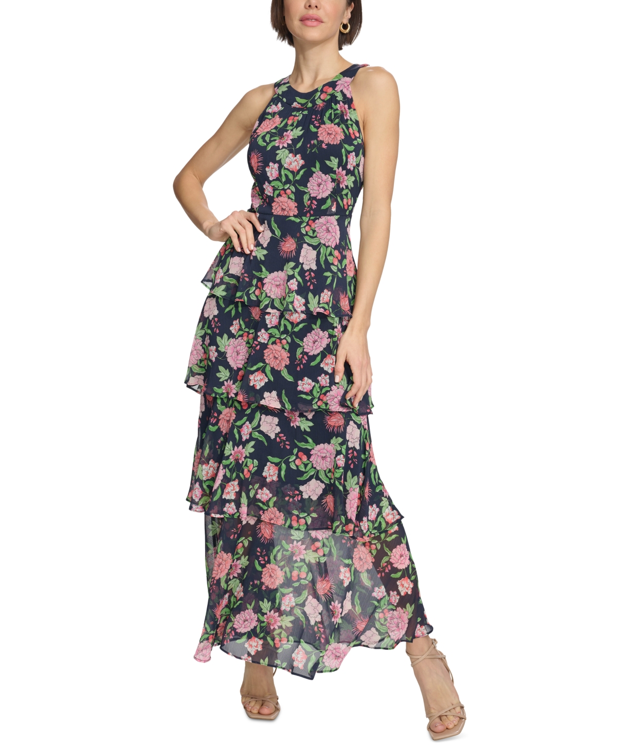 Tommy Hilfiger Women's Floral-print Ruffled Maxi Dress In Sky Captain Multi