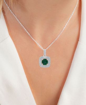 2-Pc. Set Lab-Grown Emerald (3 ct. t.w.) & Lab-Grown White Sapphire (7/8 ct. t.w.) Square Halo Pendant Necklace & Matching Stud Earrings in Sterling Silver