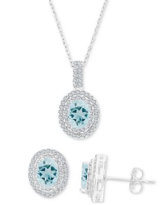 2-Pc. Set Aquamarine (2-3/4 ct. t.w.) & Lab-Grown White Sapphire (1-1/10 ct. t.w.) Oval Halo Pendant Necklace & Matching Stud Earrings in Sterling Silver