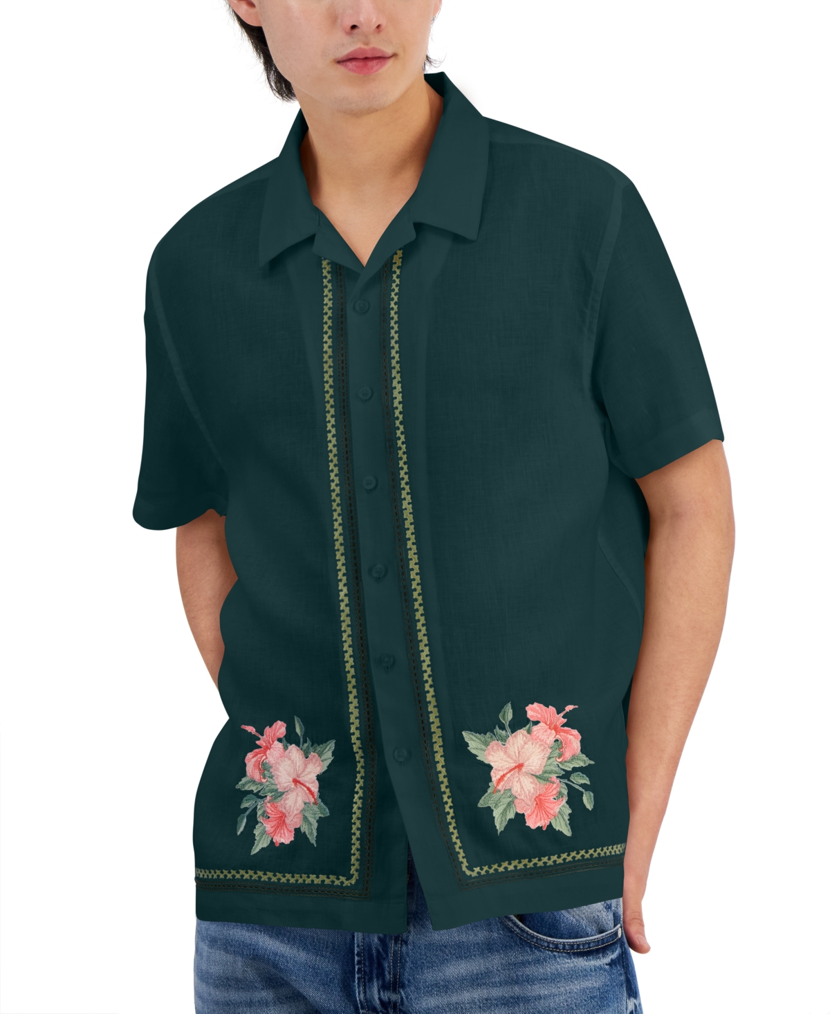 Shop Guess Men's Linen Embroidered Floral Shirt In Dark Jade