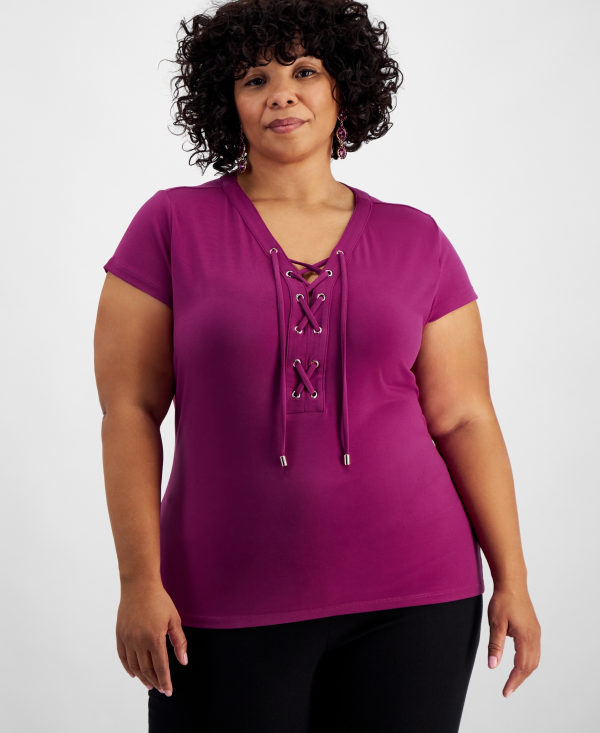 I.n.c. International Concepts Plus Size Lace-Up-Neck Short-Sleeve Top, Created for Macy's