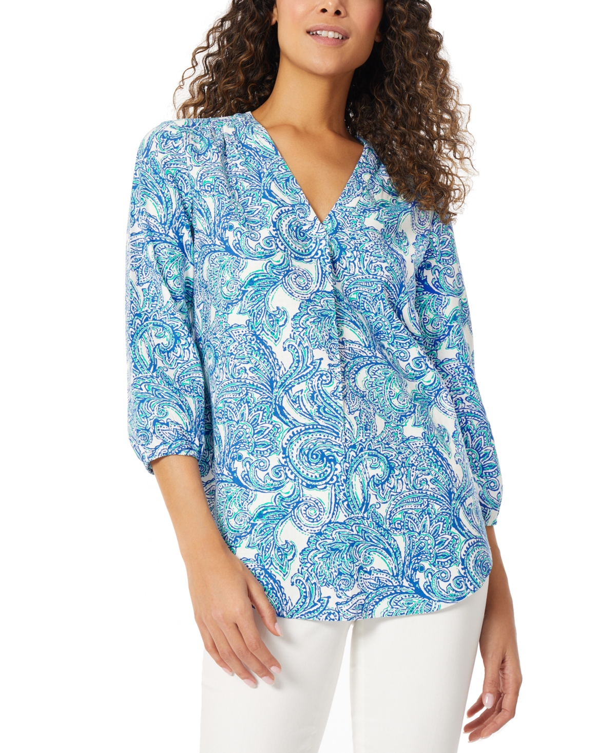 Petite Linen-Blend Kelly Paisley-Print 3/4-Sleeve Blouse - Light Sapphire