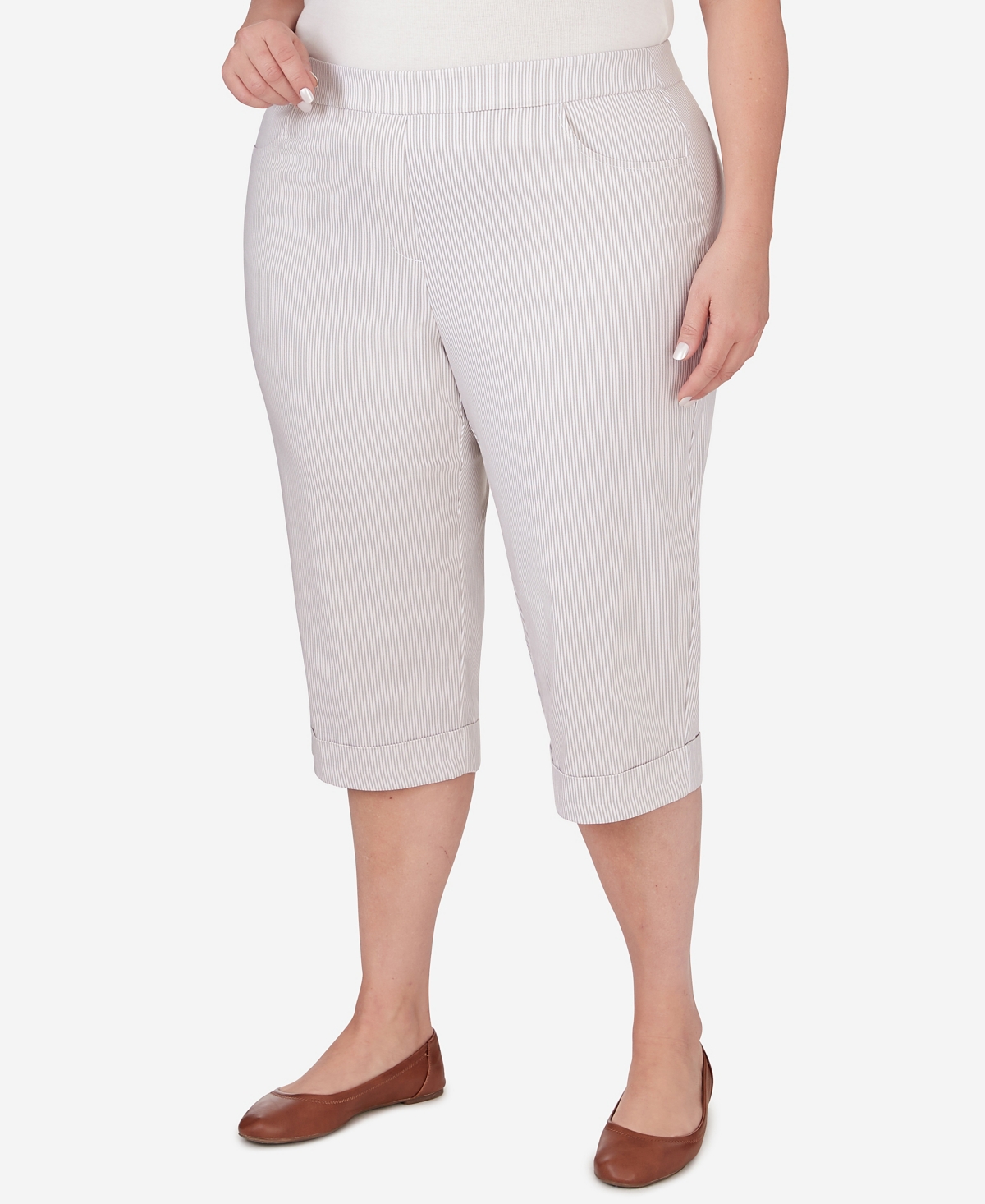 Alfred Dunner Plus Size Garden Party Stripe Clamdigger Capri Pants with Cuffed Hem