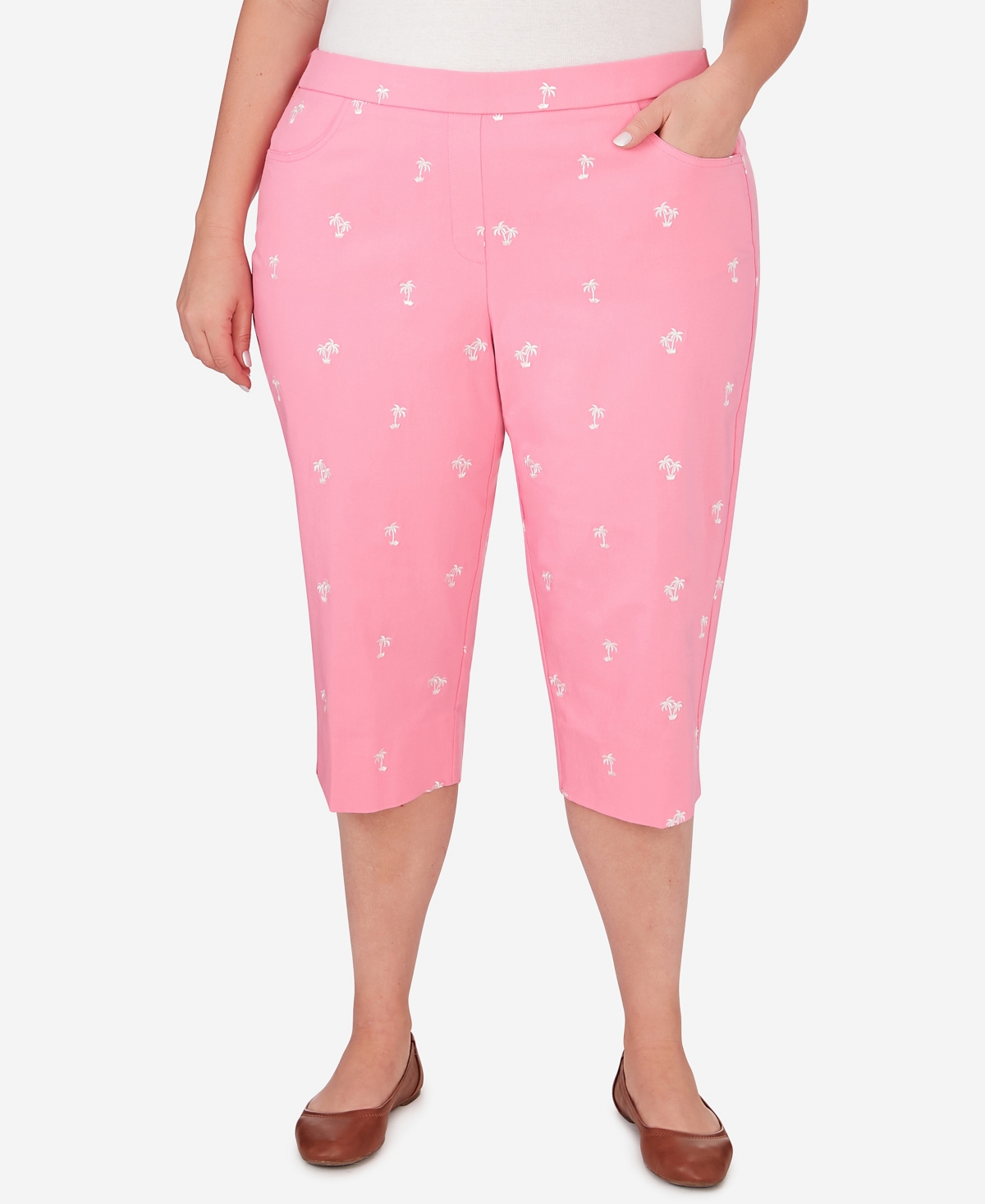 Shop Alfred Dunner Plus Size Miami Beach Embroidered Palm Tree Clamdigger Pants In Pink