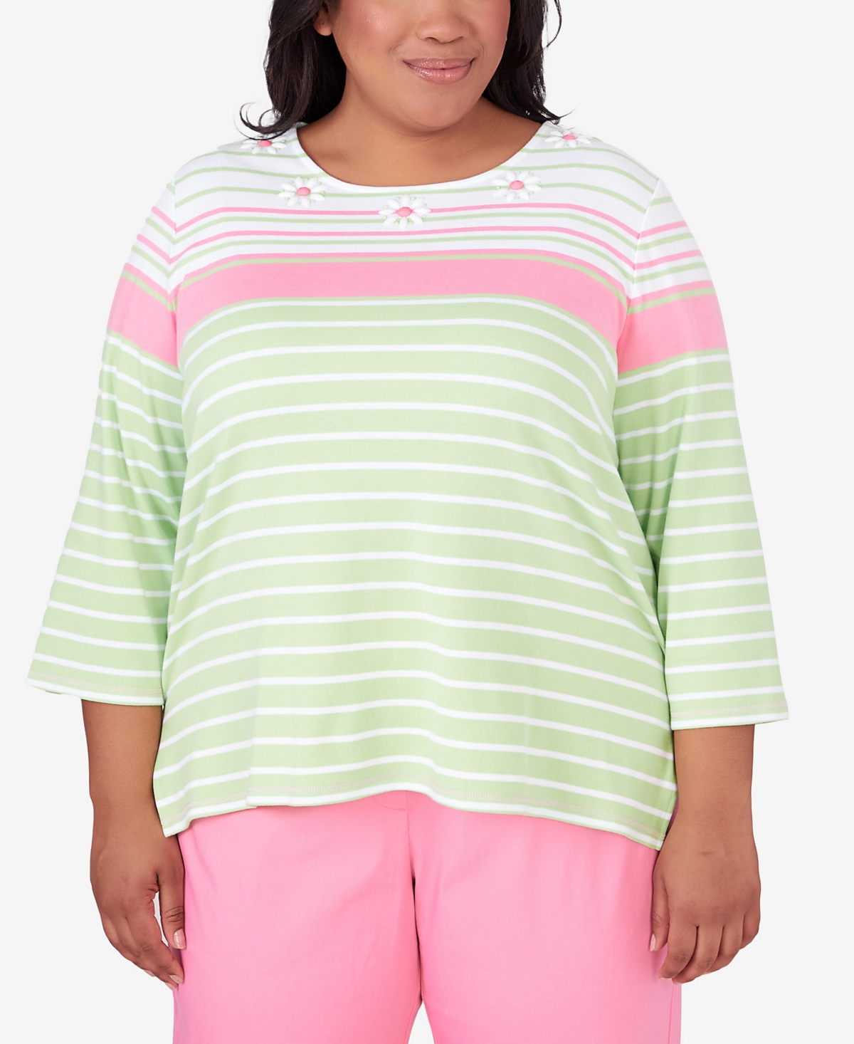 Shop Alfred Dunner Plus Size Miami Beach Striped Top With Beaded Floral Details In Multi
