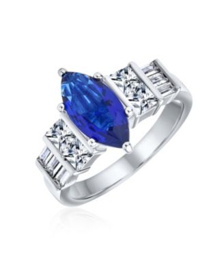 Art Deco Style 3CT Cubic Zirconia CZ Pave Royal Blue Marquise Solitaire Royal Blue CZ Promise Ring Sterling Silver