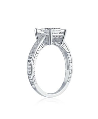 Classic Cubic Zirconia 3CT Square CZ Princess Cut Solitaire Promise Ring Sterling Silver Milgrain Pave Band