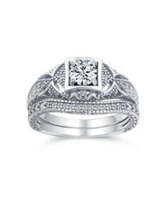 Deco Style Milgrain 1ctw Cubic Zirconia Promise Ring Set Sterling Silver