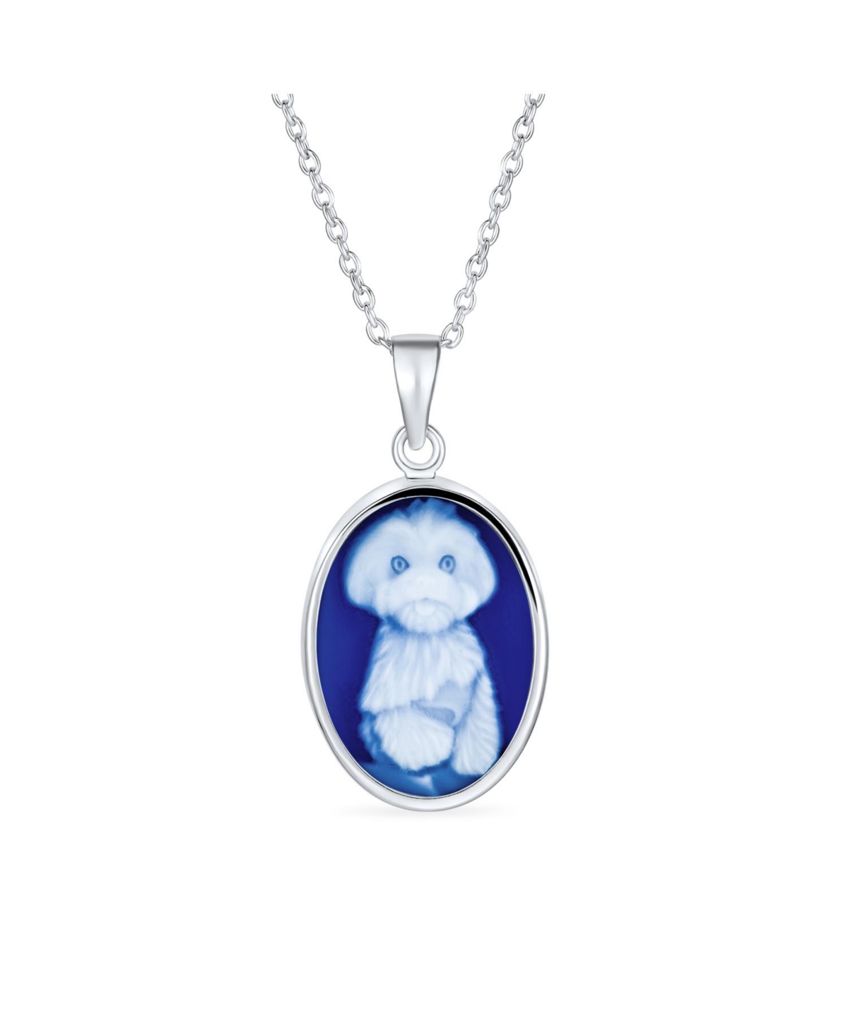 Fluffy Puppy Dog Portrait Blue White Cameo Pendant Necklace For Women Teen .925 Sterling Silver - Blue