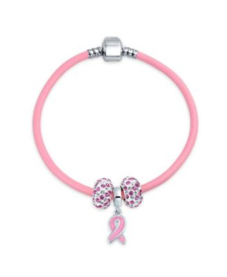 Empowerment Support Breast Cancer Survivor Pink Ribbon Crystal Charm Bracelet Leather .925 Sterling Silver