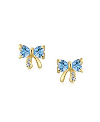 Tiny Minimalist Cubic Zirconia CZ Ribbon Bow Stud Earrings 14K Real Gold Screw Backs
