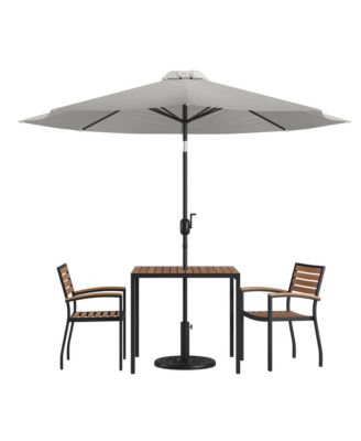 Hampstead Five Piece Faux Teak Patio Dining Set Includes Table, Two Club Chairs, 9' Patio Umbrella And Base