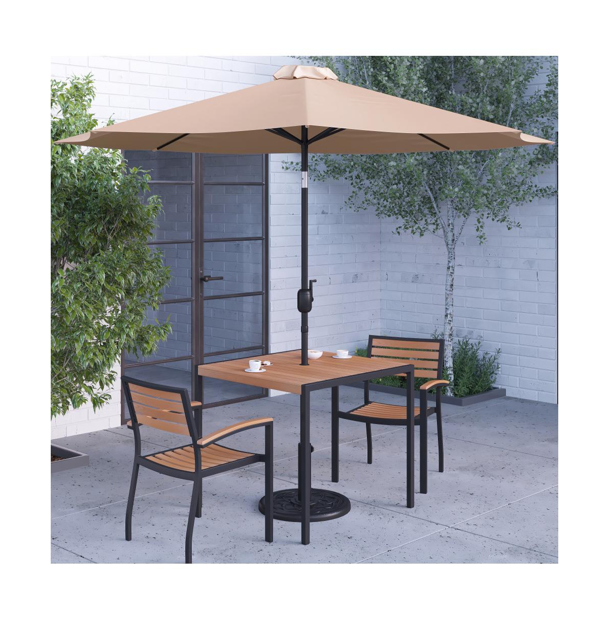Hampstead Five Piece Faux Teak Patio Dining Set Includes Table, Two Club Chairs, Patio Umbrella And Base