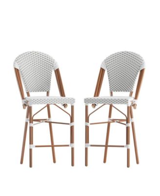 Celia Set Of Two Indoor/Outdoor Stacking Bistro Counter Stools With White And Gray Patterned Seats And Backs & Bamboo Finished Metal Frames