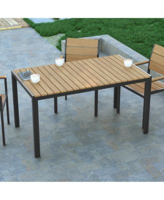 Fena 55" X 31.5" Outdoor Dining Table With Faux Teak Poly Slat Top And Metal Frame