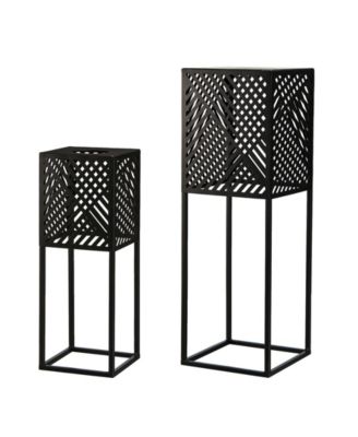 23.75" H, 17.75" H Set of 2 Metal Stripes Geometric Solar Powered Edison Bulb Outdoor Floor Lantern or Planter Stands