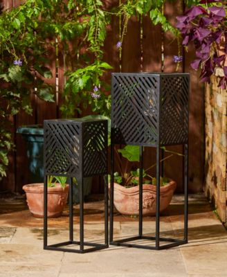 23.75" H, 17.75" H Set of 2 Metal Stripes Geometric Solar Powered Edison Bulb Outdoor Floor Lantern or Planter Stands