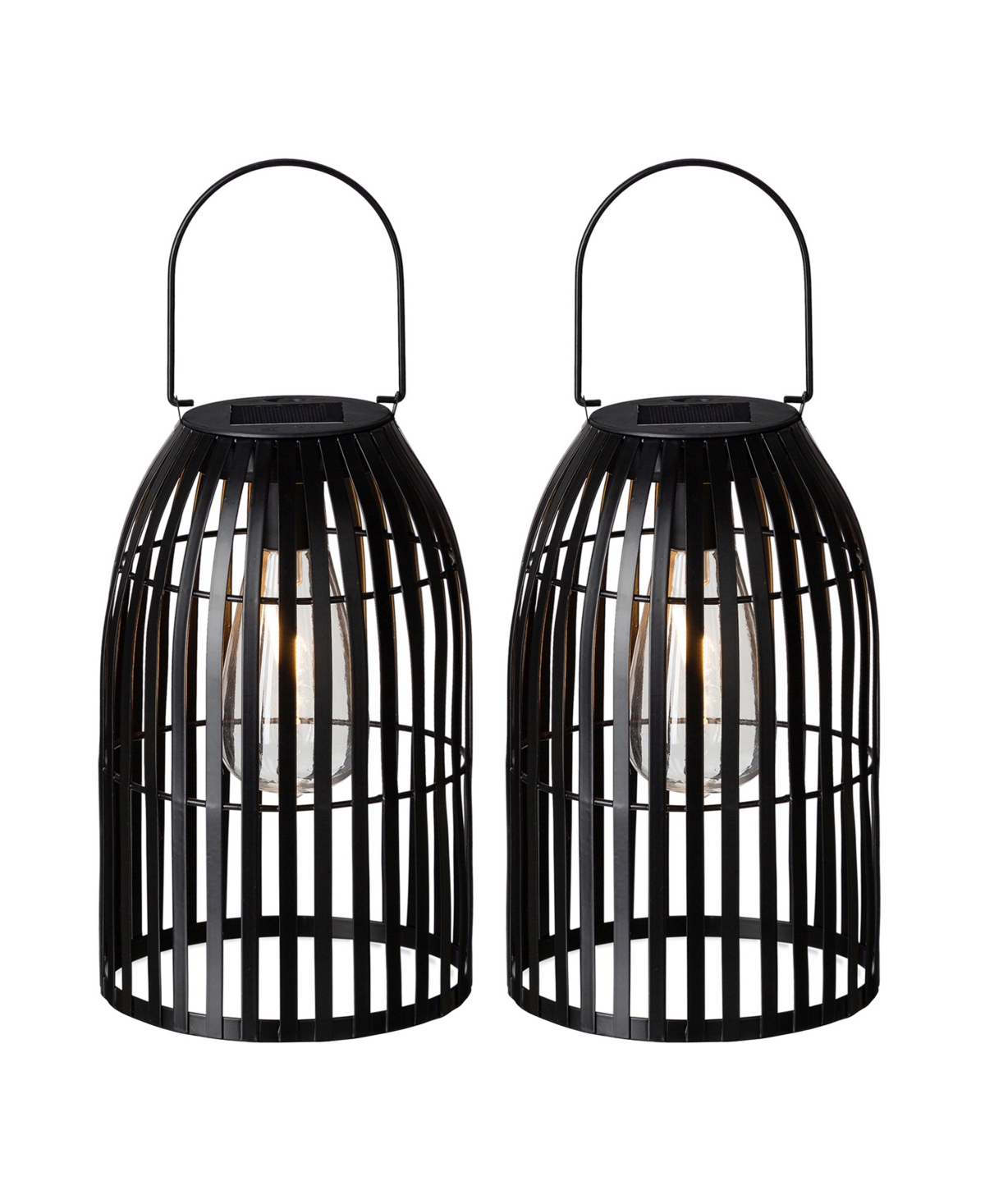 9.75" H Set of 2 Metal Stripes Solar Powered Edison Bulb Outdoor Hanging Lantern - Black