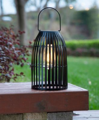 9.75" H Set of 2 Metal Stripes Solar Powered Edison Bulb Outdoor Hanging Lantern