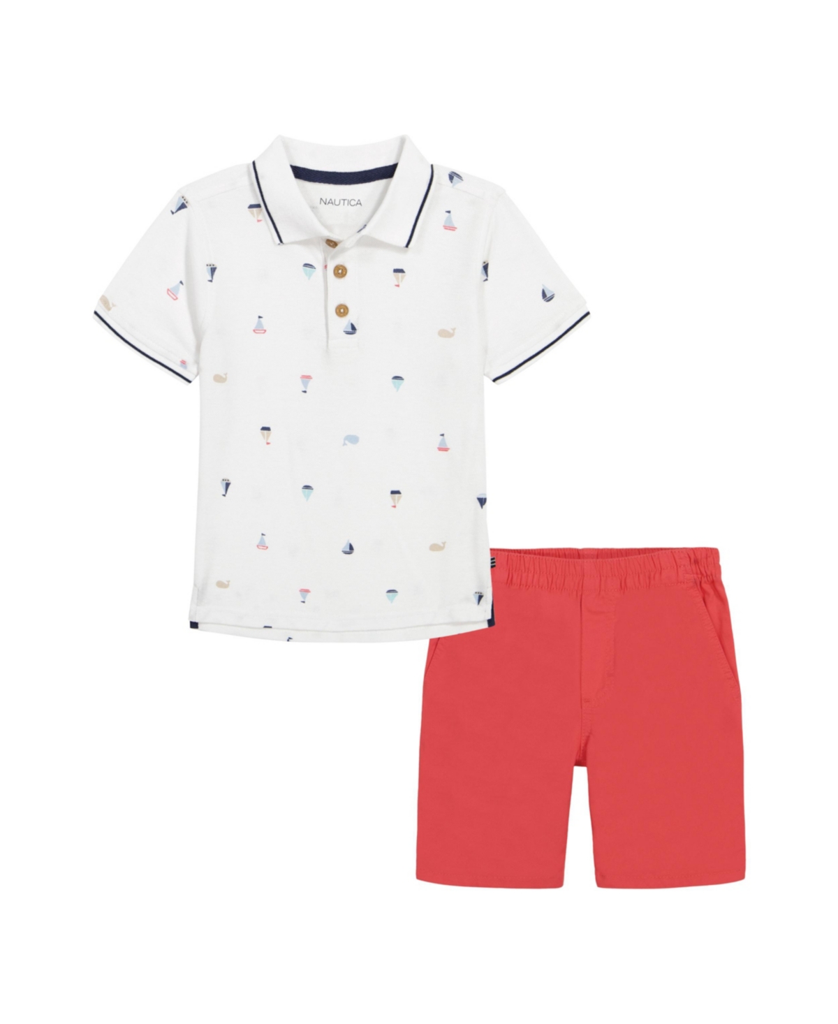 Nautica Kids' Little Boys Printed Pique Polo Shirt And Prewashed Twill Shorts, 2 Pc Set In White Print