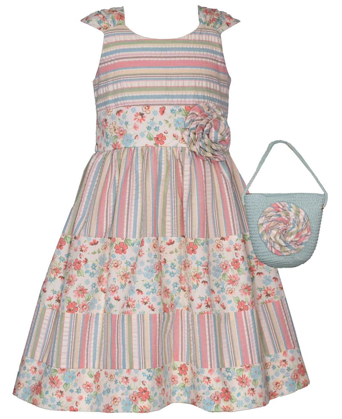 Shop Bonnie Jean Little Girls Sleeveless Seersucker And Cotton Print Dress And Matching Bag In Multi