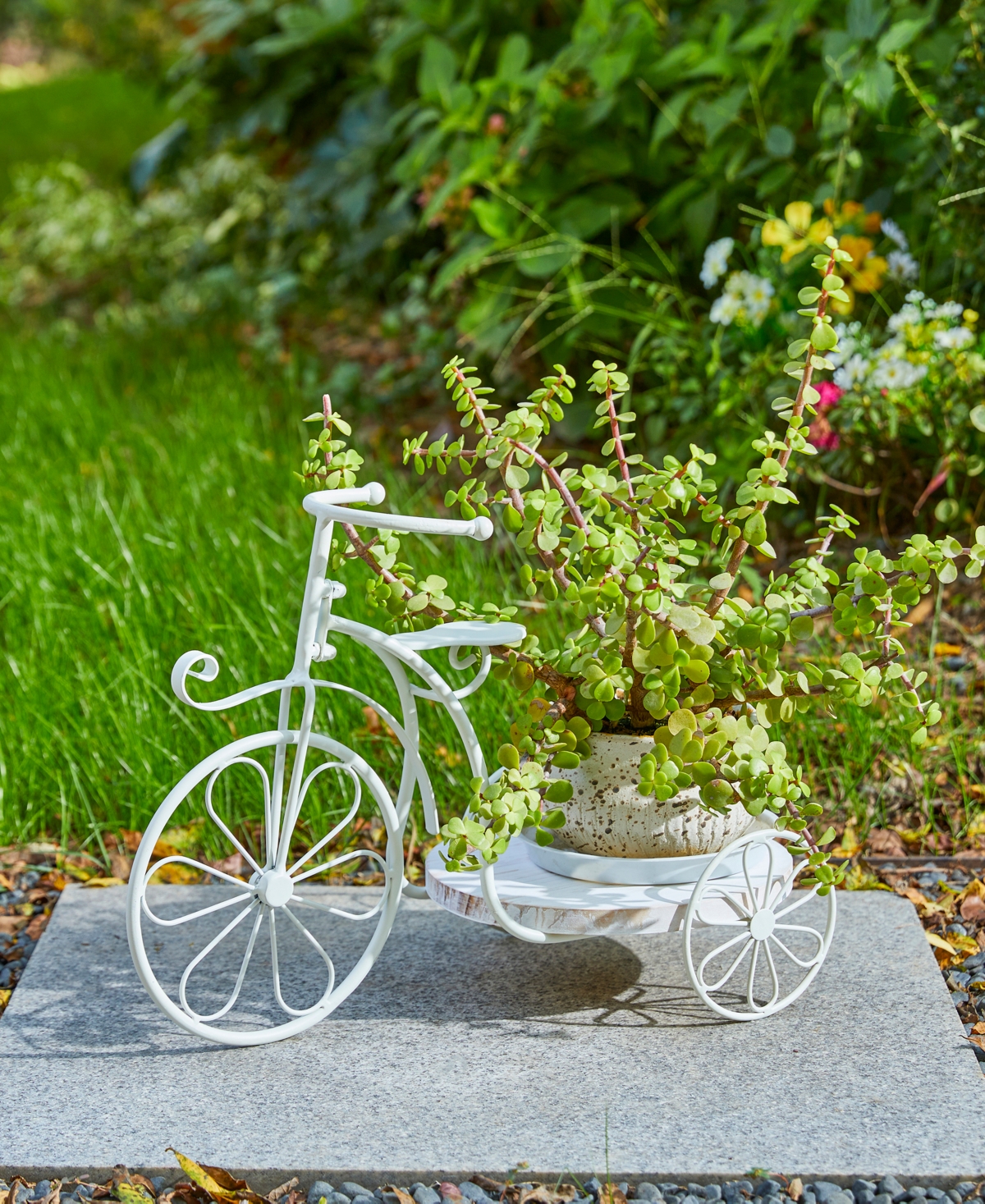 Glitzhome 18" L Washed Solid Wood And Metal Tricycle Planter Stand In White