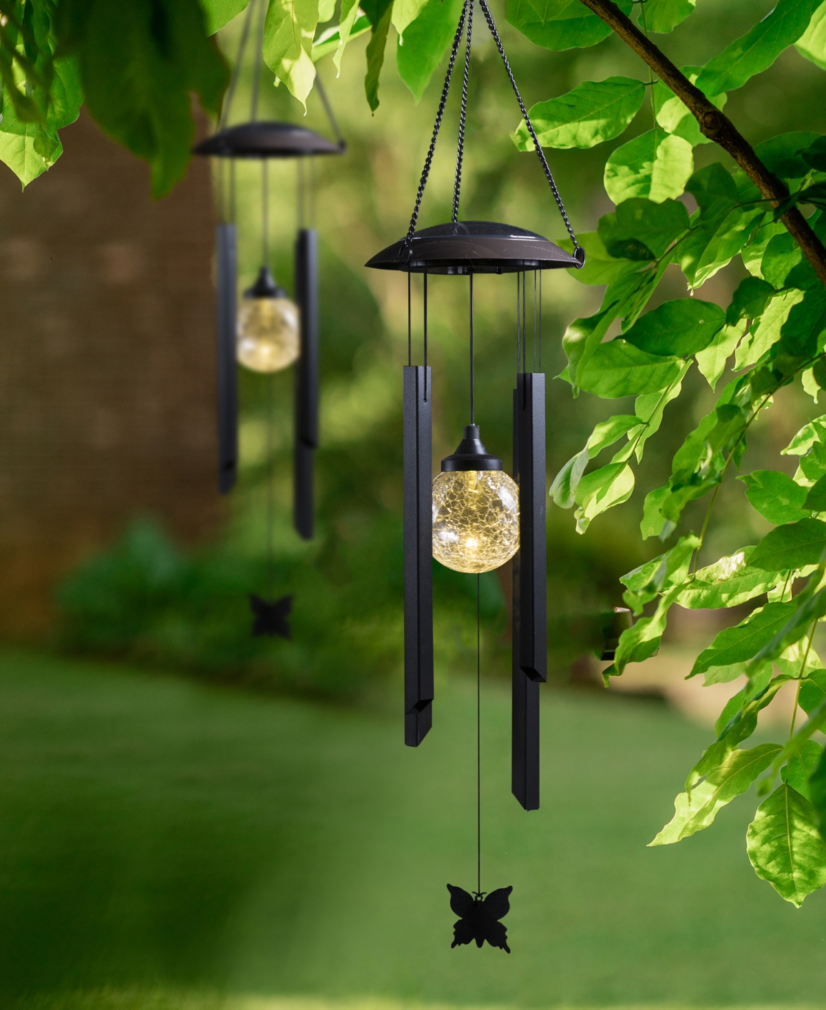 Glitzhome H Set of 2 Solar Powered Wind Chime with Crackle Bulb