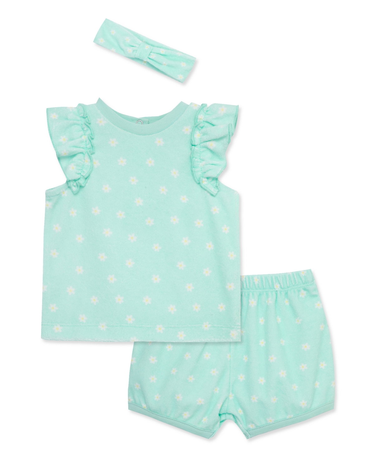Shop Little Me Baby Girls Daisies Shorts Set With Headband In Aqua