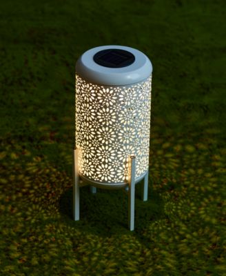 14.25" H Set of 2 Metal Cutout Flower Pattern Solar Powered LED Outdoor Lantern with Stand