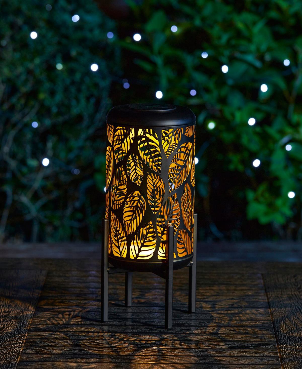 Glitzhome H Set of 2 Black and Gold-Tone Metal Cutout Leaves Pattern Solar Powered Led Outdoor Lantern with Stand