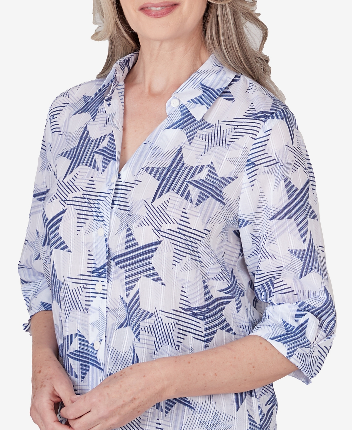 Alfred Dunner Women's All American Stars and Stripe Button Down Blouse Top