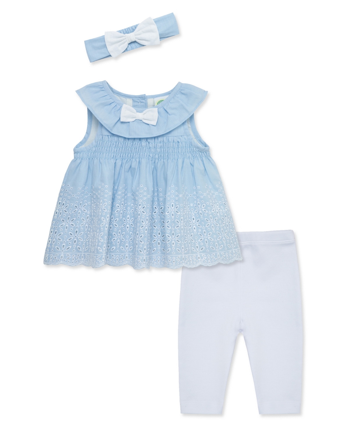 Shop Little Me Baby Girls Chambray Eyelet Set With Headband In White,blue