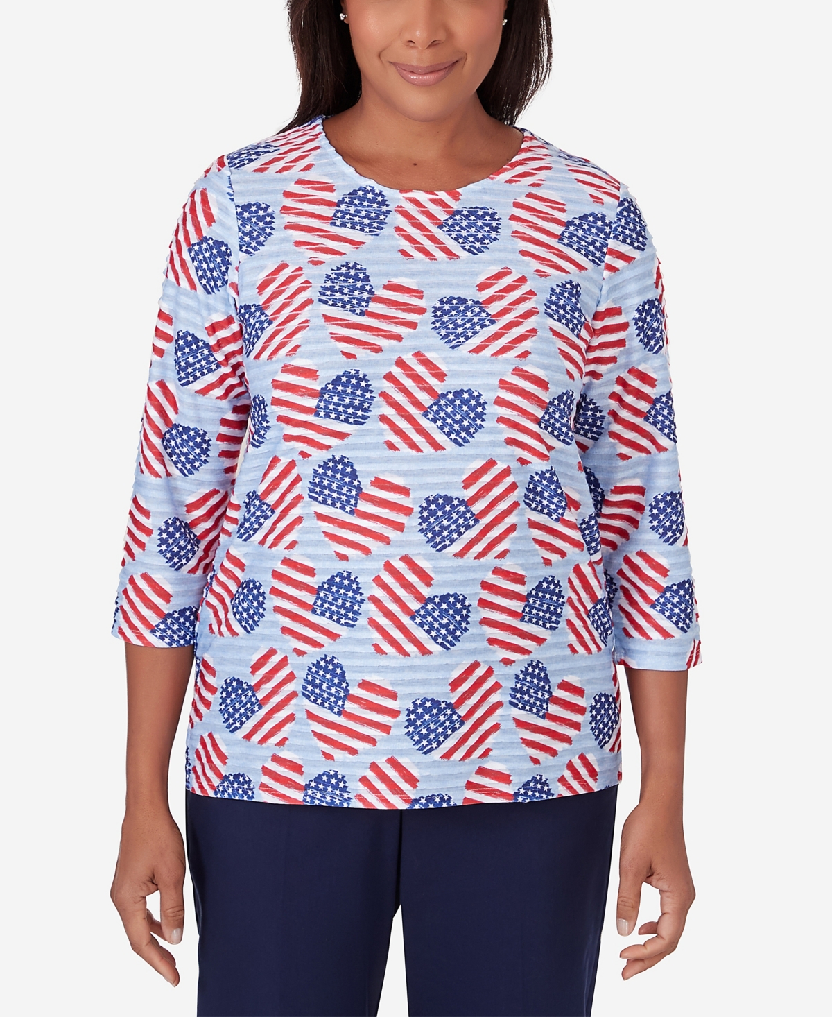 Shop Alfred Dunner Women's All American Flag Hearts Three Quarter Sleeve Shirt In Multi