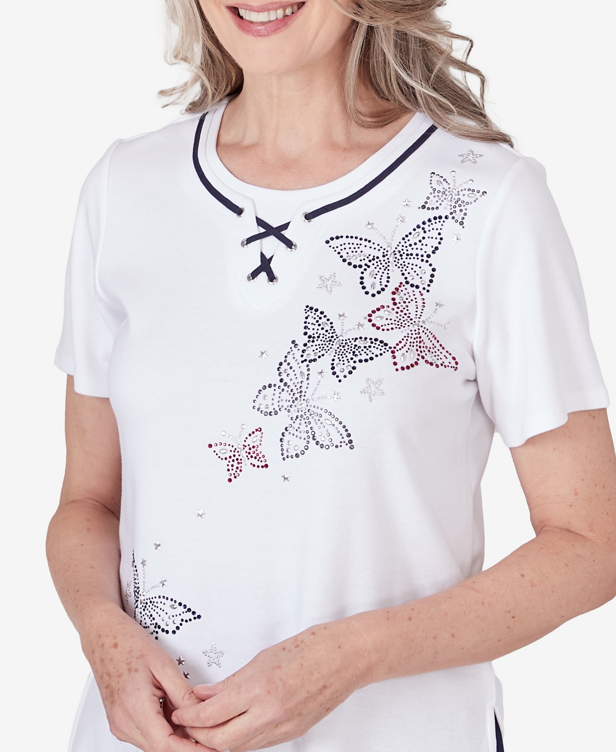 Alfred Dunner Women's All American Butterfly Heat Seat Short Sleeve Top