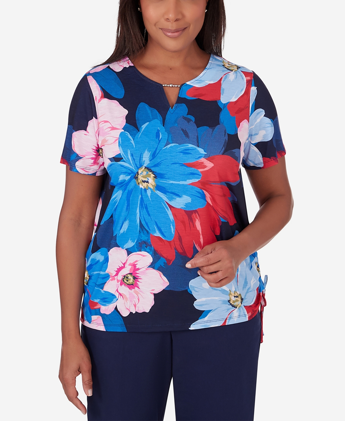 Shop Alfred Dunner Women's All American Dramatic Flower Short Sleeve Top With Ruching In Multi